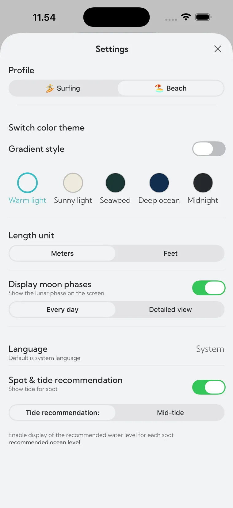 Settings with themes, units and tide recommendation