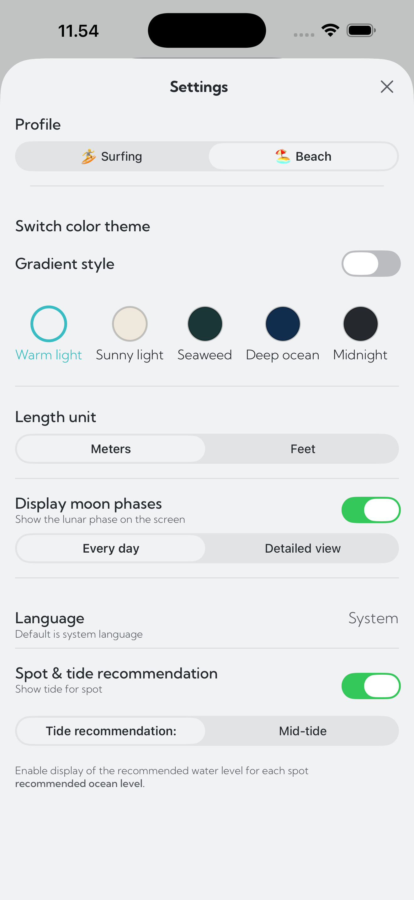 Settings with themes, units and tide recommendation